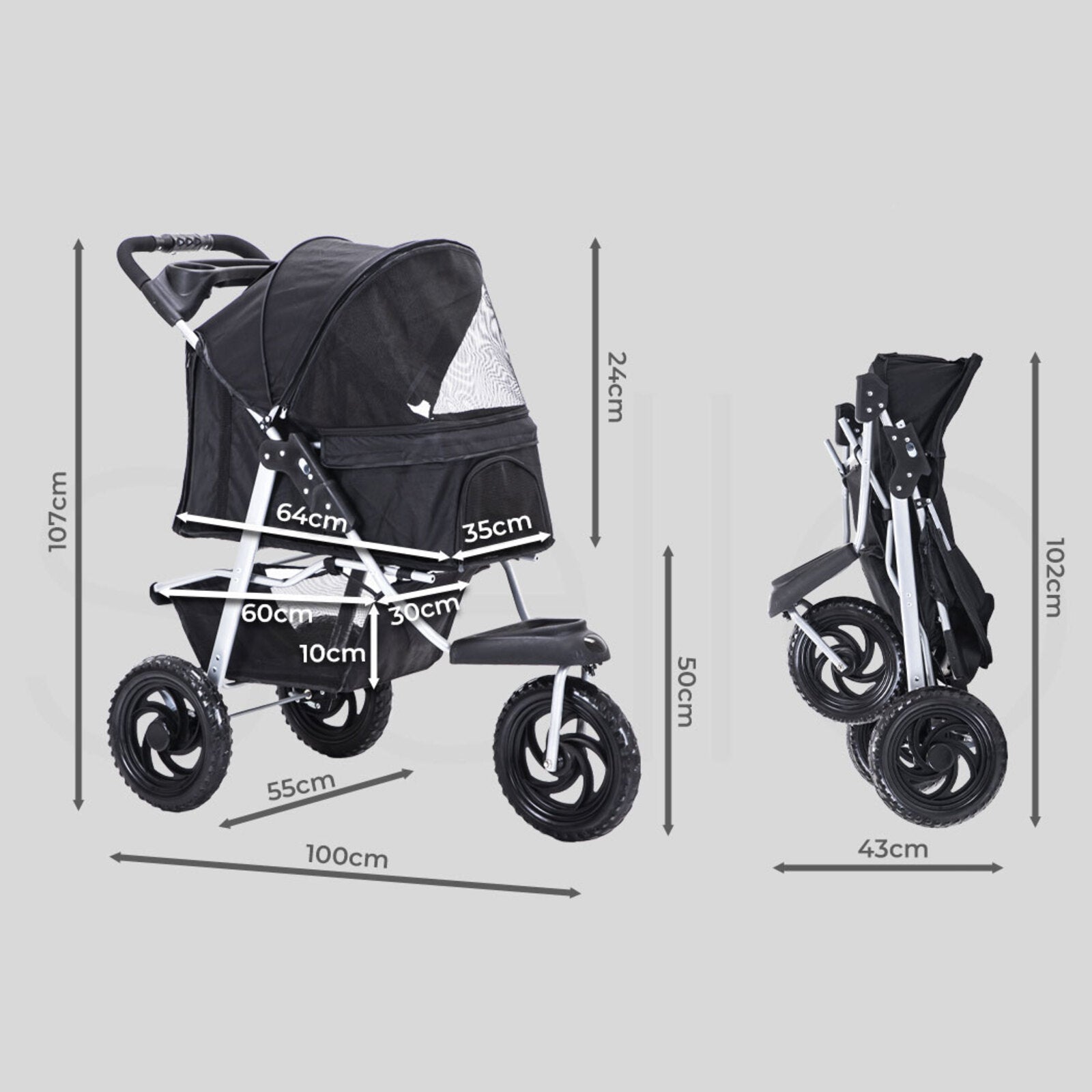Pet Stroller 3 Wheels Foldable Large