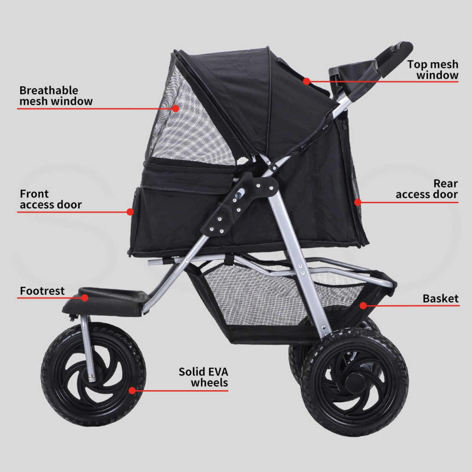 Pet Stroller 3 Wheels Foldable Large